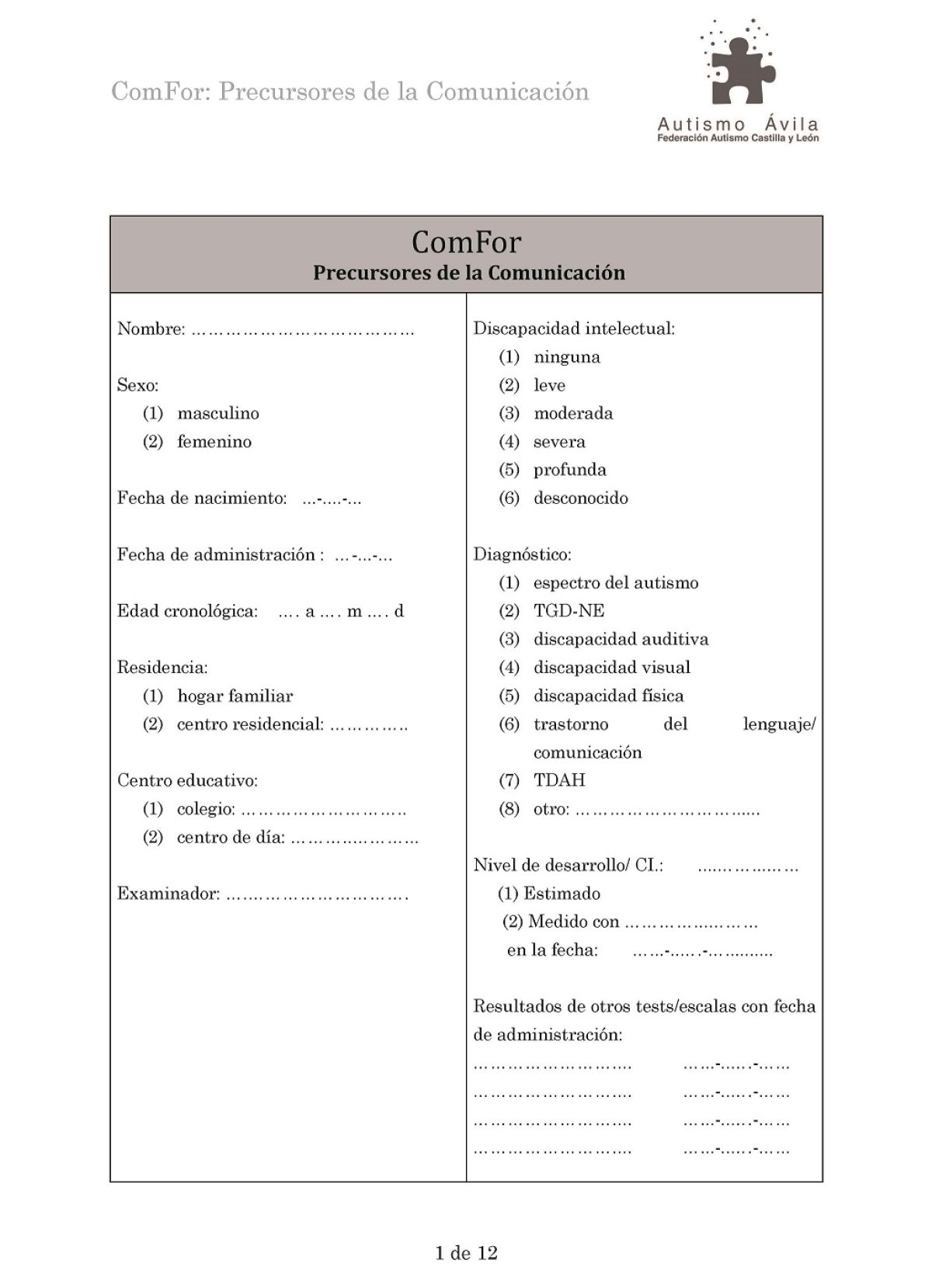 Formularios originales del test ComFor: 10 unidades